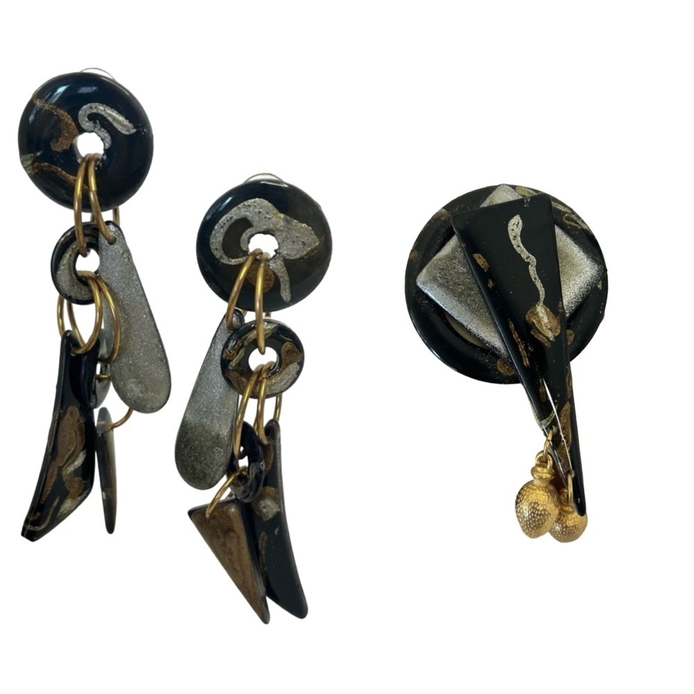 Vintage Jorgel Black and Metallic Dangling Earrings and Brooch Set